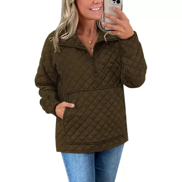 PRETTYGARDEN Womens Fall Quilted Sweatshirt Casual Quarter Zip Collared Long Sleeve V Neck Pullover TopsArmy Green