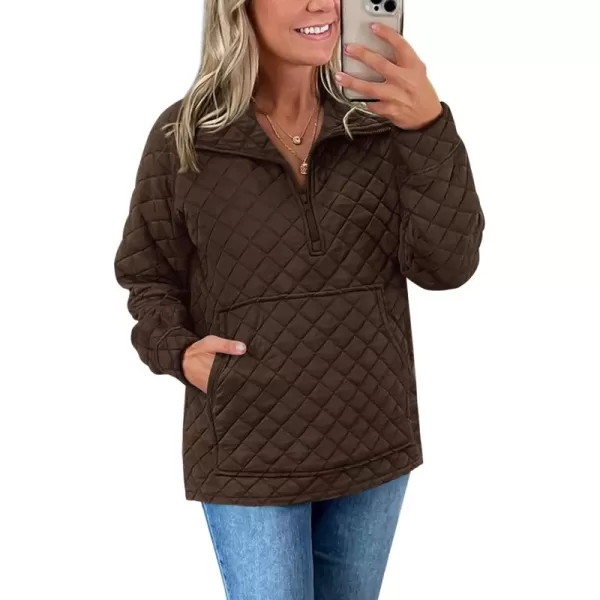 PRETTYGARDEN Womens Fall Quilted Sweatshirt Casual Quarter Zip Collared Long Sleeve V Neck Pullover TopsCoffee