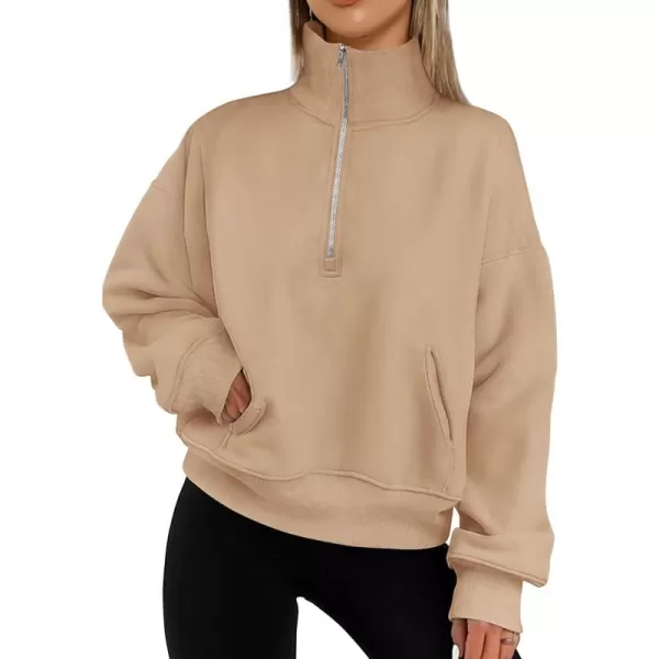 PRETTYGARDEN Womens Half Zip Sweatshirts Long Sleeve Cropped Pullover Tops Fall Fashion Y2K ClothesKhaki