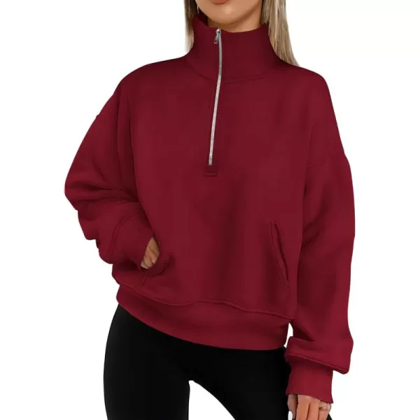 PRETTYGARDEN Womens Half Zip Sweatshirts Long Sleeve Cropped Pullover Tops Fall Fashion Y2K ClothesWine Red