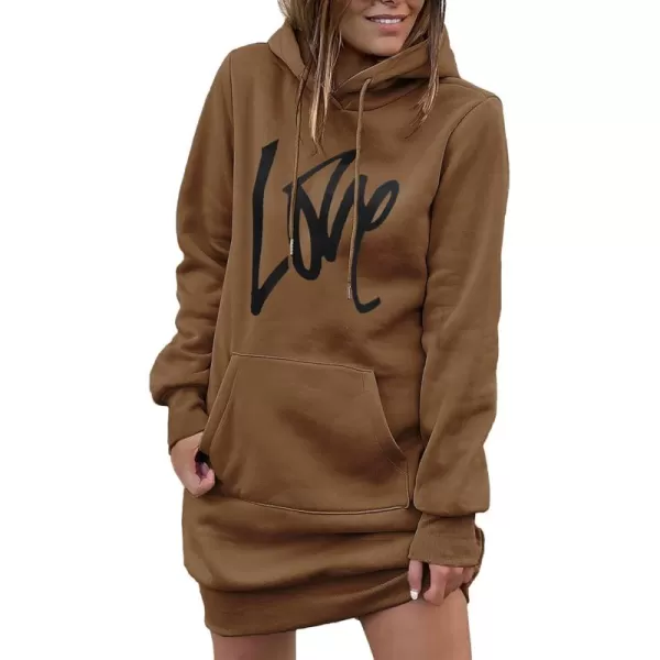 PRETTYGARDEN Womens Hooded Sweatshirt Drawstring Lightweight Long Sleeve Pullover Hoodie DressBrown