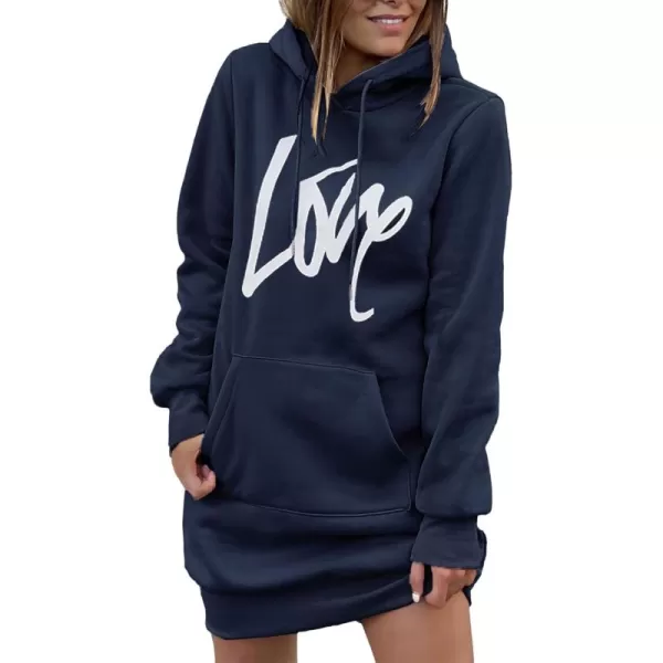 PRETTYGARDEN Womens Hooded Sweatshirt Drawstring Lightweight Long Sleeve Pullover Hoodie DressNavy