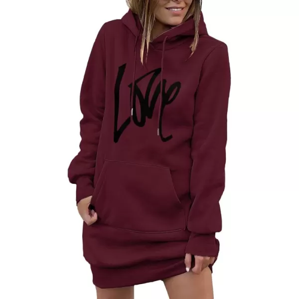 PRETTYGARDEN Womens Hooded Sweatshirt Drawstring Lightweight Long Sleeve Pullover Hoodie DressWine Red