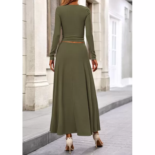 PRETTYGARDEN Womens 2 Piece Outfits Dressy Casual Ribbed Knit Long Sleeve Crop Tops Maxi Flowy Skirts Matching SetsArmy Green