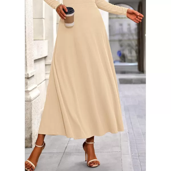 PRETTYGARDEN Womens 2 Piece Outfits Dressy Casual Ribbed Knit Long Sleeve Crop Tops Maxi Flowy Skirts Matching SetsBeige