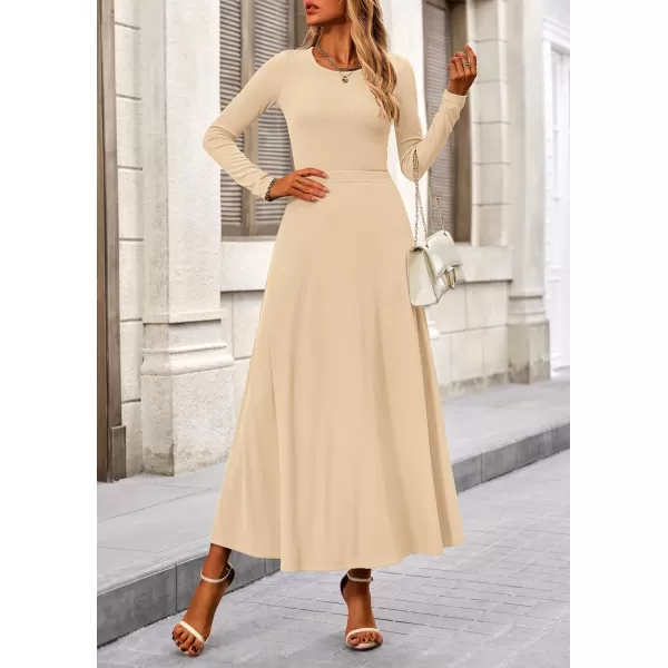 PRETTYGARDEN Womens 2 Piece Outfits Dressy Casual Ribbed Knit Long Sleeve Crop Tops Maxi Flowy Skirts Matching SetsBeige