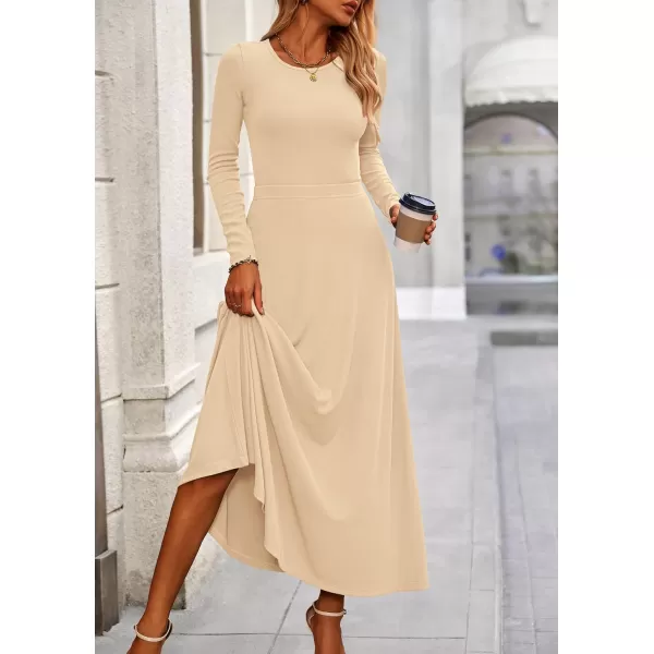 PRETTYGARDEN Womens 2 Piece Outfits Dressy Casual Ribbed Knit Long Sleeve Crop Tops Maxi Flowy Skirts Matching SetsBeige