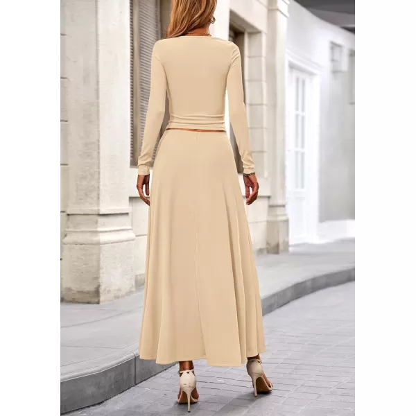PRETTYGARDEN Womens 2 Piece Outfits Dressy Casual Ribbed Knit Long Sleeve Crop Tops Maxi Flowy Skirts Matching SetsBeige