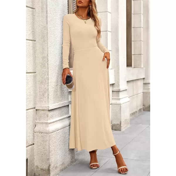 PRETTYGARDEN Womens 2 Piece Outfits Dressy Casual Ribbed Knit Long Sleeve Crop Tops Maxi Flowy Skirts Matching SetsBeige