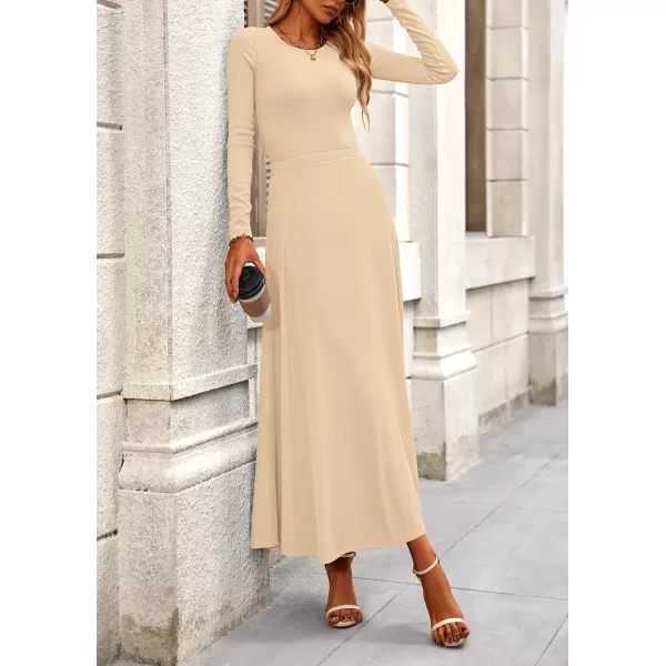 PRETTYGARDEN Womens 2 Piece Outfits Dressy Casual Ribbed Knit Long Sleeve Crop Tops Maxi Flowy Skirts Matching SetsBeige