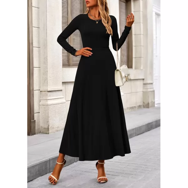 PRETTYGARDEN Womens 2 Piece Outfits Dressy Casual Ribbed Knit Long Sleeve Crop Tops Maxi Flowy Skirts Matching SetsBlack