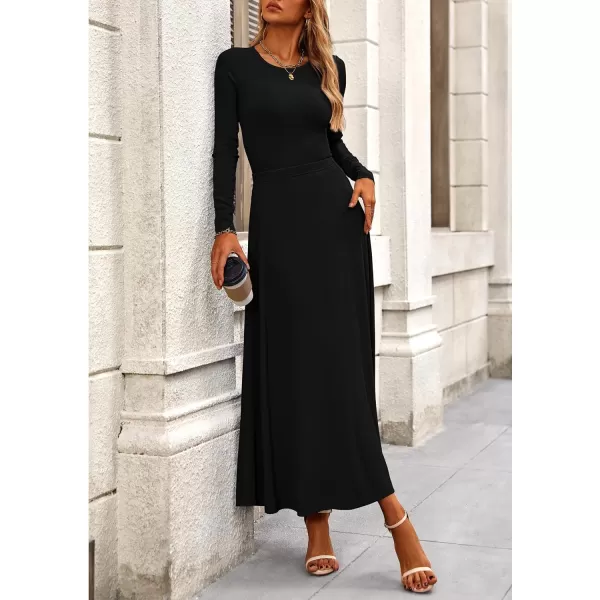 PRETTYGARDEN Womens 2 Piece Outfits Dressy Casual Ribbed Knit Long Sleeve Crop Tops Maxi Flowy Skirts Matching SetsBlack