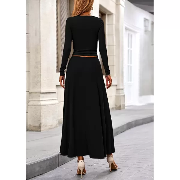 PRETTYGARDEN Womens 2 Piece Outfits Dressy Casual Ribbed Knit Long Sleeve Crop Tops Maxi Flowy Skirts Matching SetsBlack
