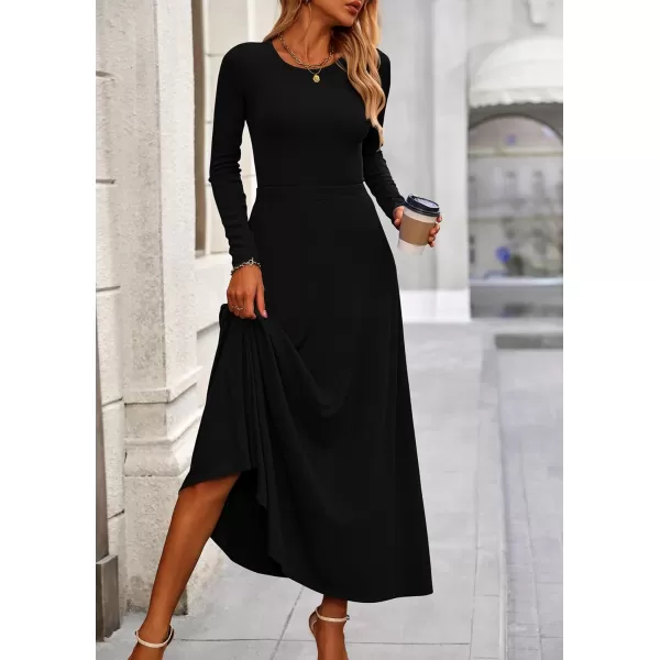 PRETTYGARDEN Womens 2 Piece Outfits Dressy Casual Ribbed Knit Long Sleeve Crop Tops Maxi Flowy Skirts Matching SetsBlack