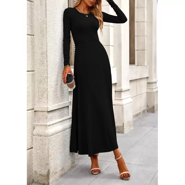 PRETTYGARDEN Womens 2 Piece Outfits Dressy Casual Ribbed Knit Long Sleeve Crop Tops Maxi Flowy Skirts Matching SetsBlack