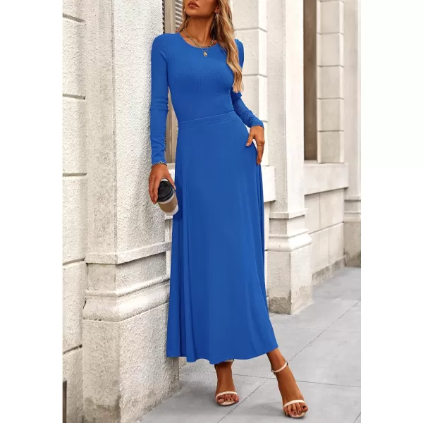 PRETTYGARDEN Womens 2 Piece Outfits Dressy Casual Ribbed Knit Long Sleeve Crop Tops Maxi Flowy Skirts Matching SetsBlue