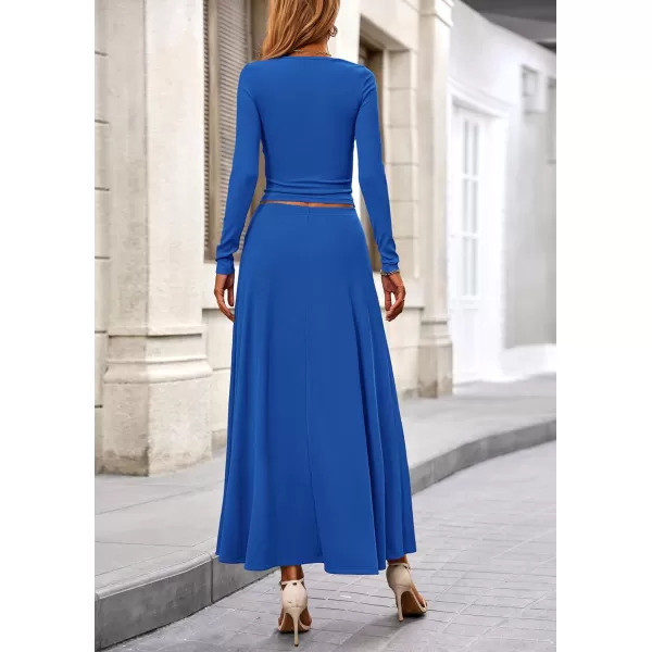 PRETTYGARDEN Womens 2 Piece Outfits Dressy Casual Ribbed Knit Long Sleeve Crop Tops Maxi Flowy Skirts Matching SetsBlue