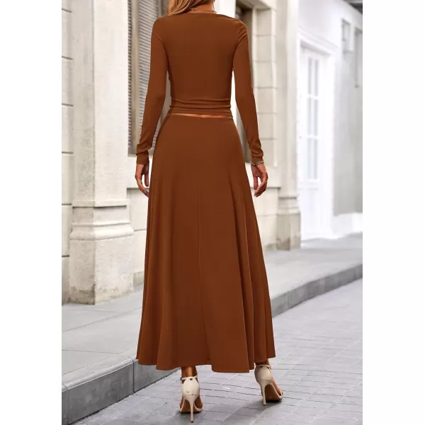 PRETTYGARDEN Womens 2 Piece Outfits Dressy Casual Ribbed Knit Long Sleeve Crop Tops Maxi Flowy Skirts Matching SetsBrown