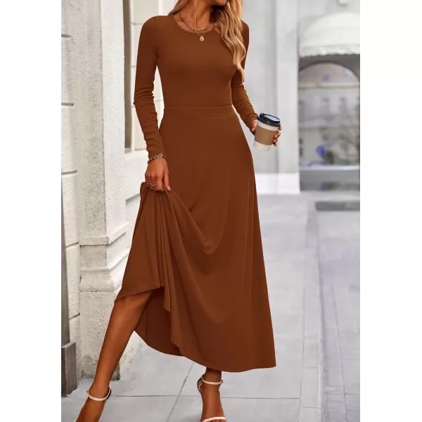 PRETTYGARDEN Womens 2 Piece Outfits Dressy Casual Ribbed Knit Long Sleeve Crop Tops Maxi Flowy Skirts Matching SetsBrown