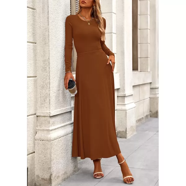 PRETTYGARDEN Womens 2 Piece Outfits Dressy Casual Ribbed Knit Long Sleeve Crop Tops Maxi Flowy Skirts Matching SetsBrown