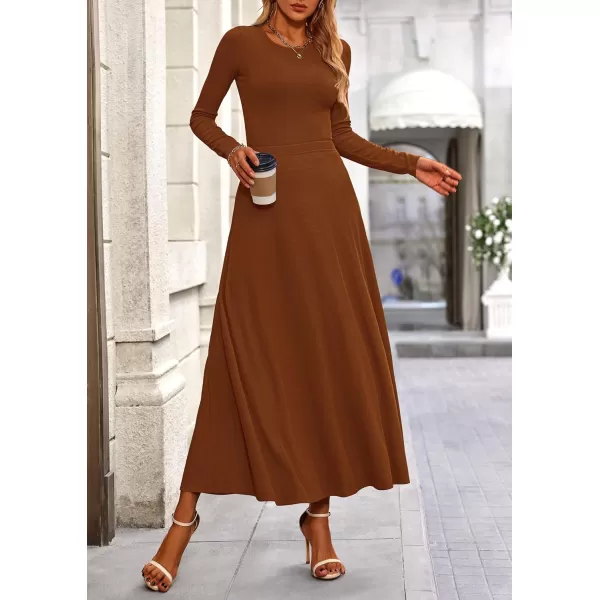 PRETTYGARDEN Womens 2 Piece Outfits Dressy Casual Ribbed Knit Long Sleeve Crop Tops Maxi Flowy Skirts Matching SetsBrown