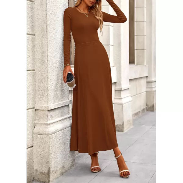 PRETTYGARDEN Womens 2 Piece Outfits Dressy Casual Ribbed Knit Long Sleeve Crop Tops Maxi Flowy Skirts Matching SetsBrown
