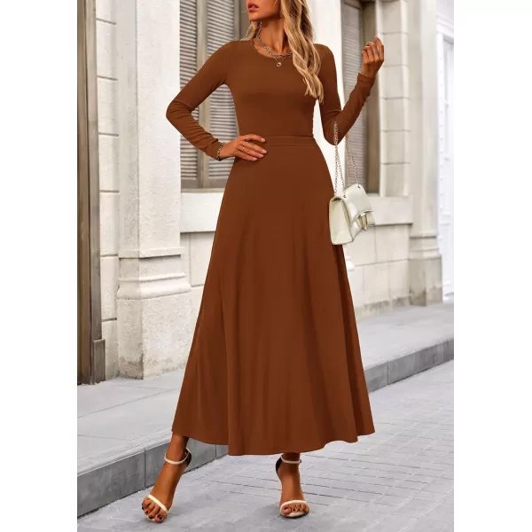 PRETTYGARDEN Womens 2 Piece Outfits Dressy Casual Ribbed Knit Long Sleeve Crop Tops Maxi Flowy Skirts Matching SetsBrown