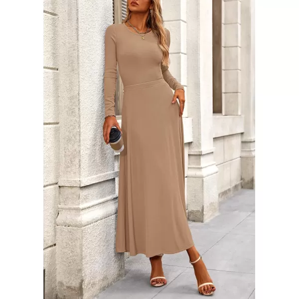 PRETTYGARDEN Womens 2 Piece Outfits Dressy Casual Ribbed Knit Long Sleeve Crop Tops Maxi Flowy Skirts Matching SetsCamel