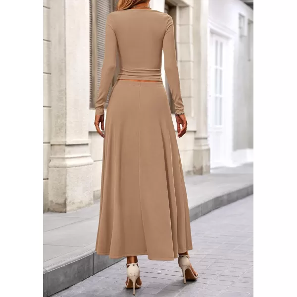 PRETTYGARDEN Womens 2 Piece Outfits Dressy Casual Ribbed Knit Long Sleeve Crop Tops Maxi Flowy Skirts Matching SetsCamel