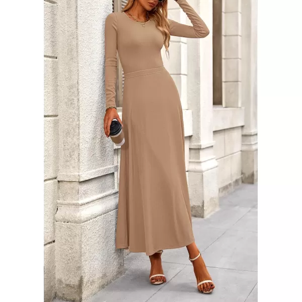 PRETTYGARDEN Womens 2 Piece Outfits Dressy Casual Ribbed Knit Long Sleeve Crop Tops Maxi Flowy Skirts Matching SetsCamel