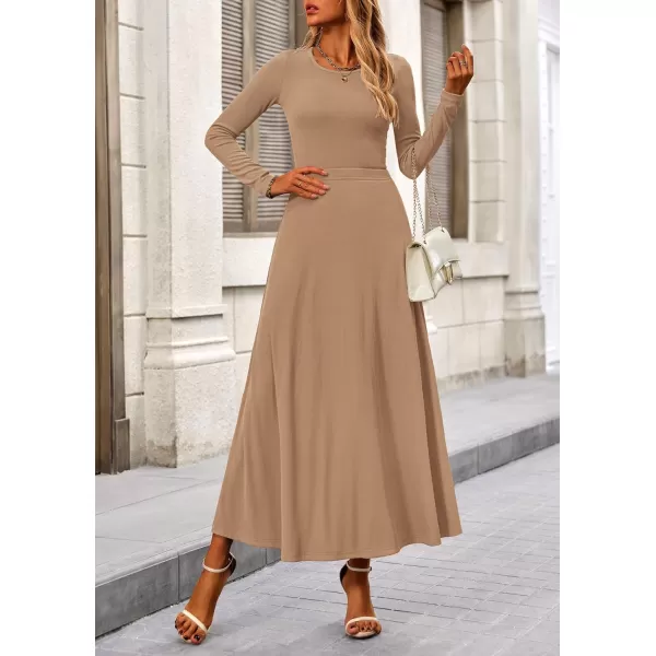 PRETTYGARDEN Womens 2 Piece Outfits Dressy Casual Ribbed Knit Long Sleeve Crop Tops Maxi Flowy Skirts Matching SetsCamel