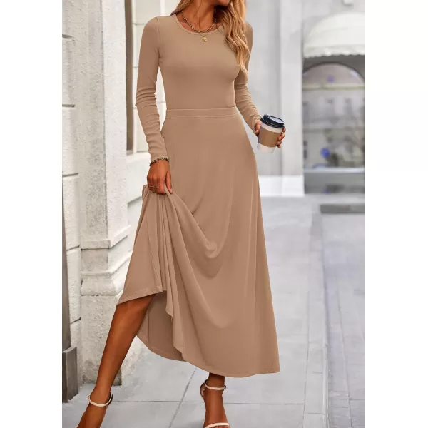 PRETTYGARDEN Womens 2 Piece Outfits Dressy Casual Ribbed Knit Long Sleeve Crop Tops Maxi Flowy Skirts Matching SetsCamel