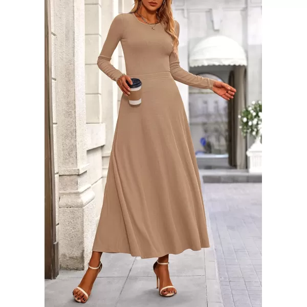 PRETTYGARDEN Womens 2 Piece Outfits Dressy Casual Ribbed Knit Long Sleeve Crop Tops Maxi Flowy Skirts Matching SetsCamel