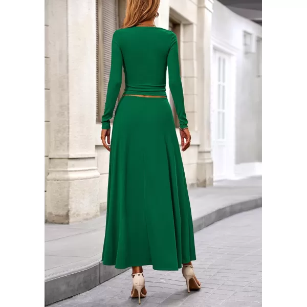 PRETTYGARDEN Womens 2 Piece Outfits Dressy Casual Ribbed Knit Long Sleeve Crop Tops Maxi Flowy Skirts Matching SetsGreen
