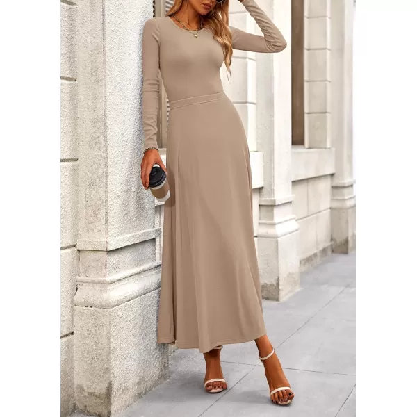 PRETTYGARDEN Womens 2 Piece Outfits Dressy Casual Ribbed Knit Long Sleeve Crop Tops Maxi Flowy Skirts Matching SetsKhaki
