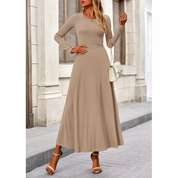 PRETTYGARDEN Womens 2 Piece Outfits Dressy Casual Ribbed Knit Long Sleeve Crop Tops Maxi Flowy Skirts Matching SetsKhaki
