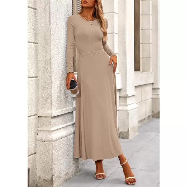 PRETTYGARDEN Womens 2 Piece Outfits Dressy Casual Ribbed Knit Long Sleeve Crop Tops Maxi Flowy Skirts Matching SetsKhaki