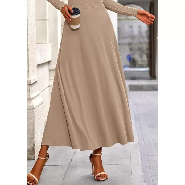 PRETTYGARDEN Womens 2 Piece Outfits Dressy Casual Ribbed Knit Long Sleeve Crop Tops Maxi Flowy Skirts Matching SetsKhaki