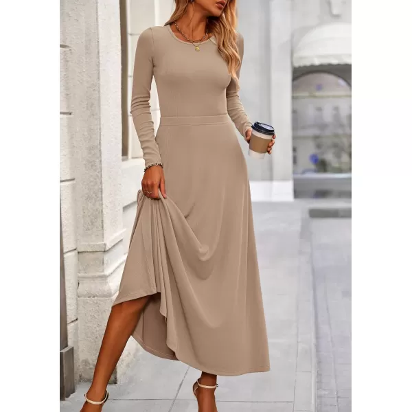 PRETTYGARDEN Womens 2 Piece Outfits Dressy Casual Ribbed Knit Long Sleeve Crop Tops Maxi Flowy Skirts Matching SetsKhaki