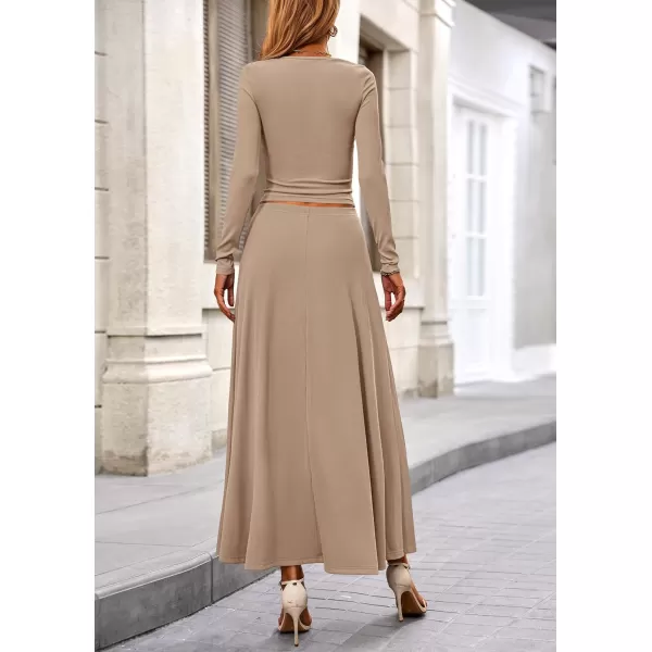 PRETTYGARDEN Womens 2 Piece Outfits Dressy Casual Ribbed Knit Long Sleeve Crop Tops Maxi Flowy Skirts Matching SetsKhaki
