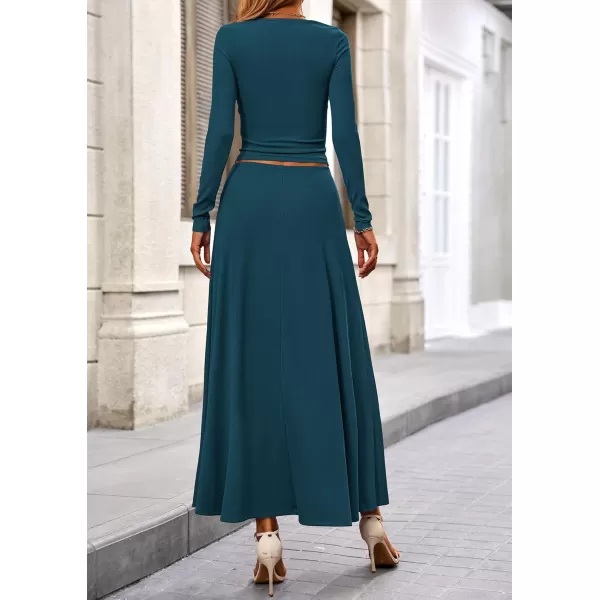 PRETTYGARDEN Womens 2 Piece Outfits Dressy Casual Ribbed Knit Long Sleeve Crop Tops Maxi Flowy Skirts Matching SetsLake Blue