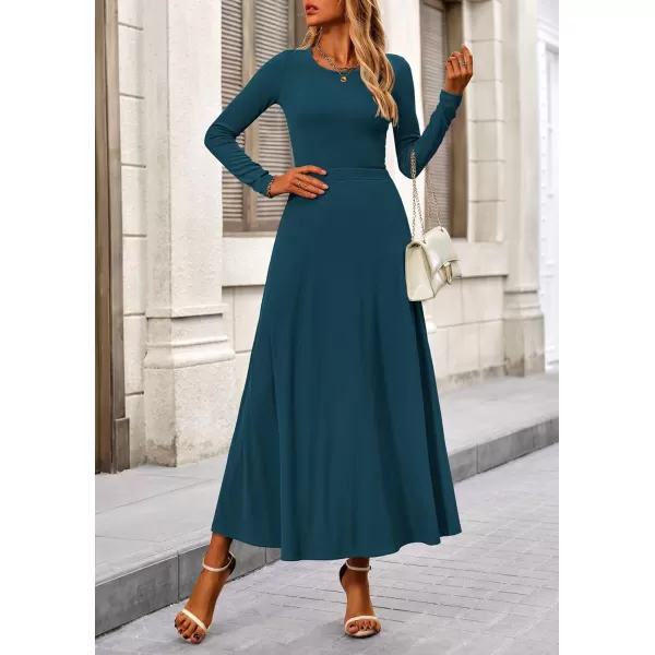PRETTYGARDEN Womens 2 Piece Outfits Dressy Casual Ribbed Knit Long Sleeve Crop Tops Maxi Flowy Skirts Matching SetsLake Blue