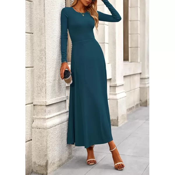 PRETTYGARDEN Womens 2 Piece Outfits Dressy Casual Ribbed Knit Long Sleeve Crop Tops Maxi Flowy Skirts Matching SetsLake Blue