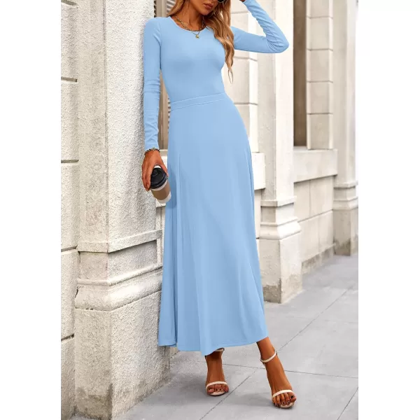PRETTYGARDEN Womens 2 Piece Outfits Dressy Casual Ribbed Knit Long Sleeve Crop Tops Maxi Flowy Skirts Matching SetsLight Blue