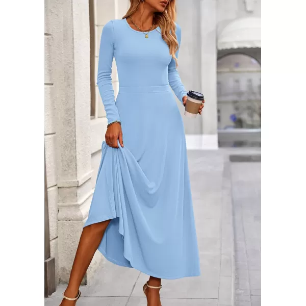 PRETTYGARDEN Womens 2 Piece Outfits Dressy Casual Ribbed Knit Long Sleeve Crop Tops Maxi Flowy Skirts Matching SetsLight Blue