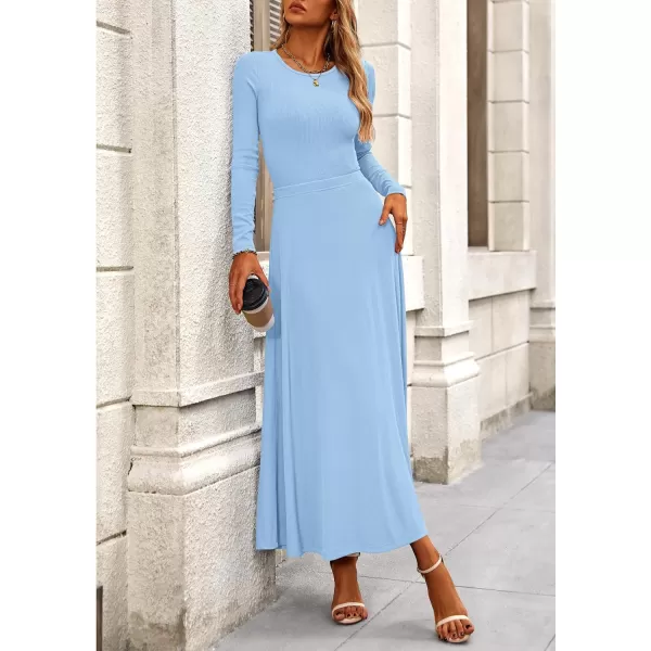 PRETTYGARDEN Womens 2 Piece Outfits Dressy Casual Ribbed Knit Long Sleeve Crop Tops Maxi Flowy Skirts Matching SetsLight Blue