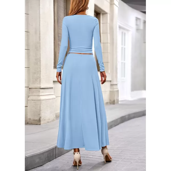 PRETTYGARDEN Womens 2 Piece Outfits Dressy Casual Ribbed Knit Long Sleeve Crop Tops Maxi Flowy Skirts Matching SetsLight Blue