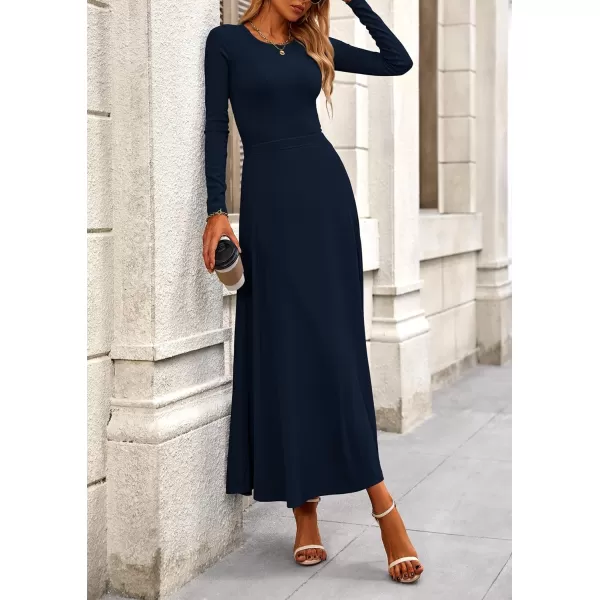 PRETTYGARDEN Womens 2 Piece Outfits Dressy Casual Ribbed Knit Long Sleeve Crop Tops Maxi Flowy Skirts Matching SetsNavy