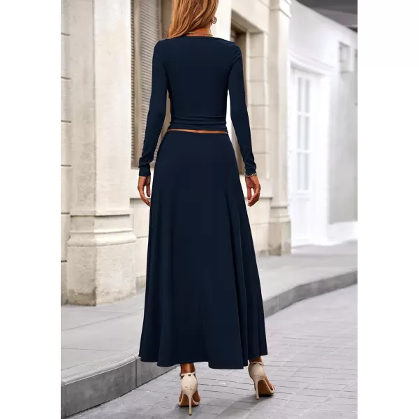 PRETTYGARDEN Womens 2 Piece Outfits Dressy Casual Ribbed Knit Long Sleeve Crop Tops Maxi Flowy Skirts Matching SetsNavy