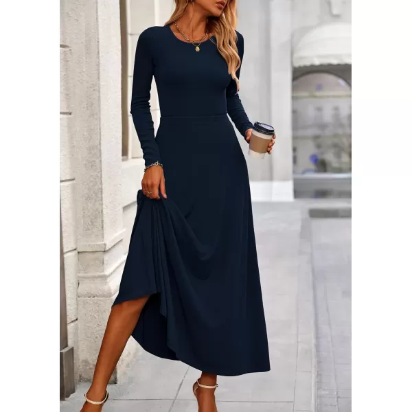 PRETTYGARDEN Womens 2 Piece Outfits Dressy Casual Ribbed Knit Long Sleeve Crop Tops Maxi Flowy Skirts Matching SetsNavy